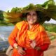 Payal Kapoor wearing a hat made of leaves on her holiday