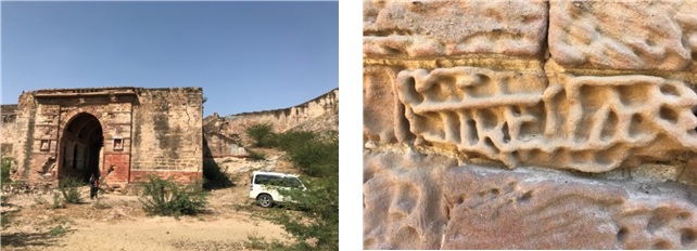 Fortress outside Bhuj.Ancient stonework with texture like writing.