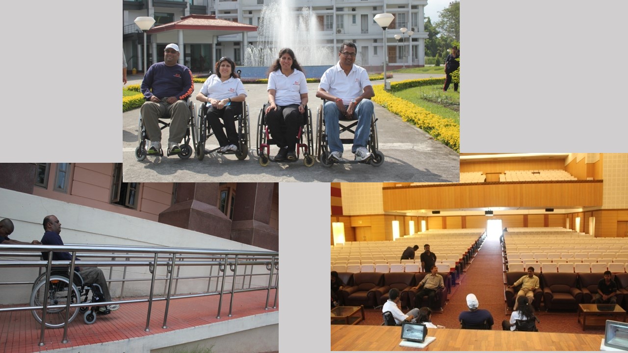 Its a collage of pictures. The four posing in front university building, Arvind going inside via ramp and the accessible auditorium