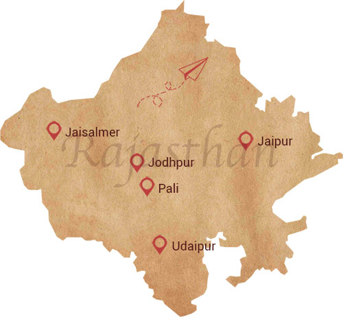 Image consists of map of rajasthan with marked cities inlcuding Jaipur, Udaipur, Jodhpur, Pali and Jaisalmer