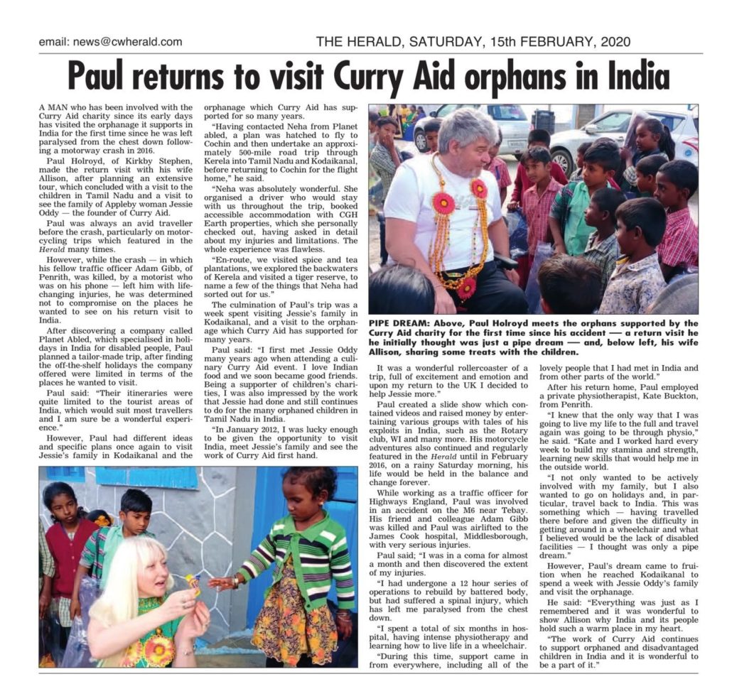 Newspaper article about Paul Holroyd's trip to India