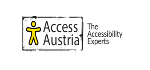 Access Austria Logo. A yellow human on left is supplemented by Access Austria written in black inside a rectangular box. The accessibility experts is written on the right