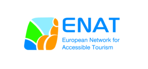 On the left a square has various elements in light blue, orange, green and dark blue. On the right ENAT is written followed by the text - European Network for Accessible Tourism