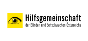 Hilfsgemeinschaft Logo in yellow and black. A single left eye is sketched on left side with yellow square background.